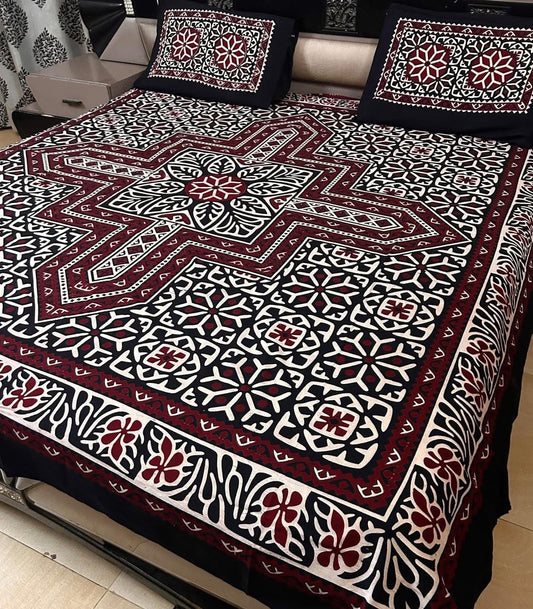 Ajrak Cotton King Size Block Print Bedsheet with 2 Unstitched Pillow Covers