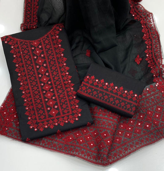 3-Piece Embroidered Suit with Chiffon Dupatta – Sindhi Hurmucha Machine Work & Sitara Foil Detailing
