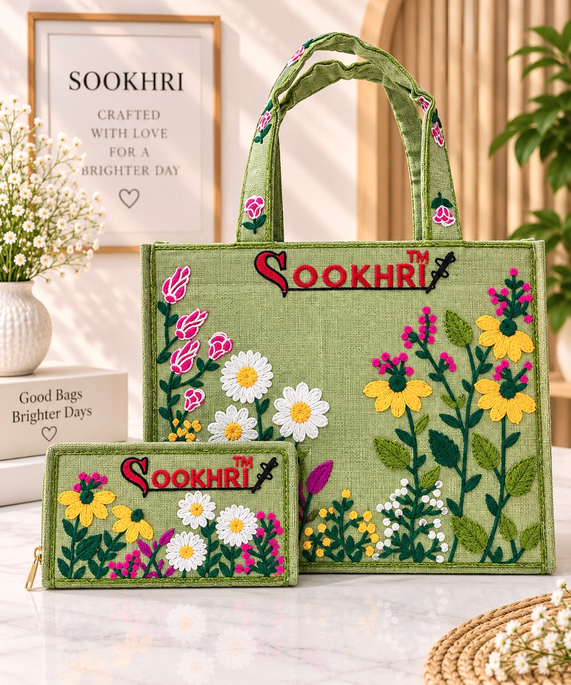 Premium Jute Fabric Floral Embroidered Tote Bag with Matching Clutch – Medium Size