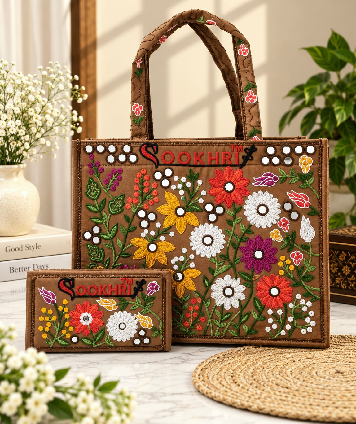 Traditional Multi-Pattern Antique Embroidered Handbag with Matching Clutch