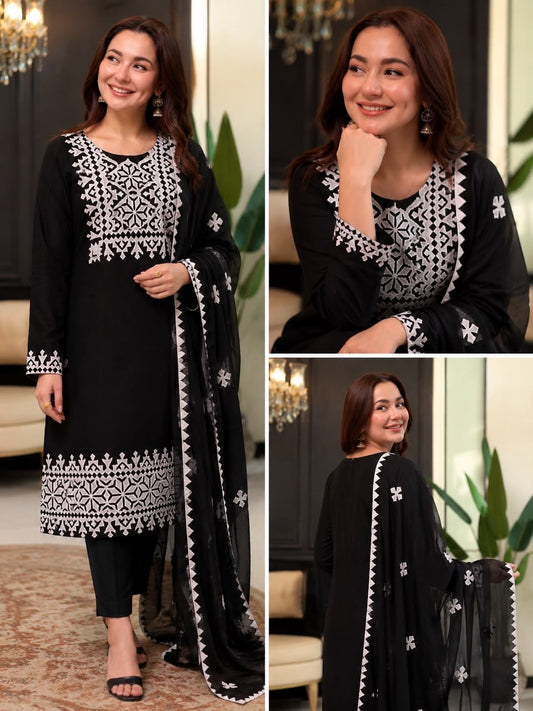Black & White Handmade Applic Lawn Cotton Suit with Chiffon Dupatta – 3 Piece Unstitched Dress