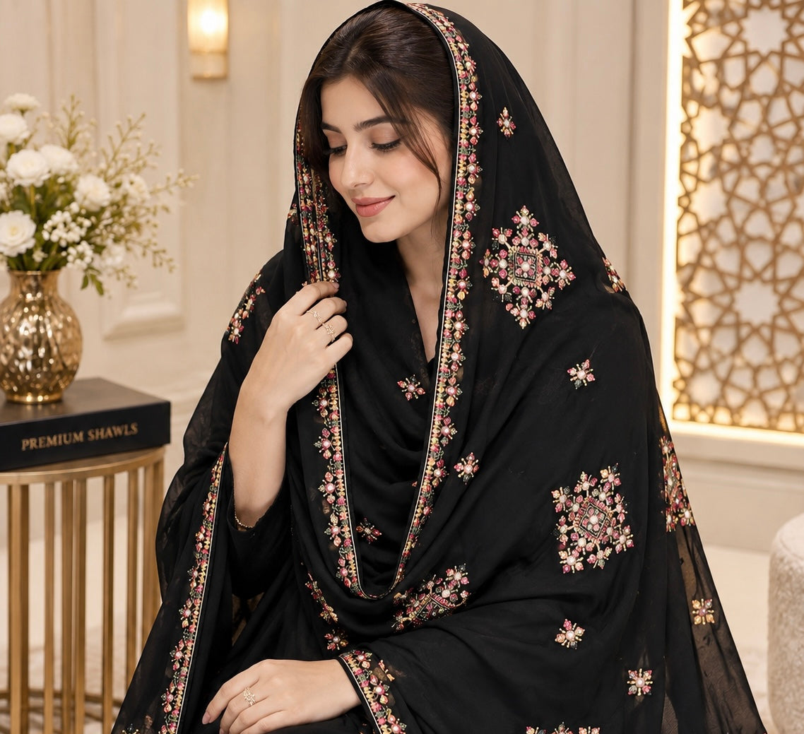 Korean Georgette Balochi Thick Thread & Sitara Embroidered Ladies Chadar
