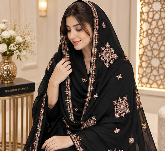 Korean Georgette Balochi Thick Thread & Sitara Embroidered Ladies Chadar