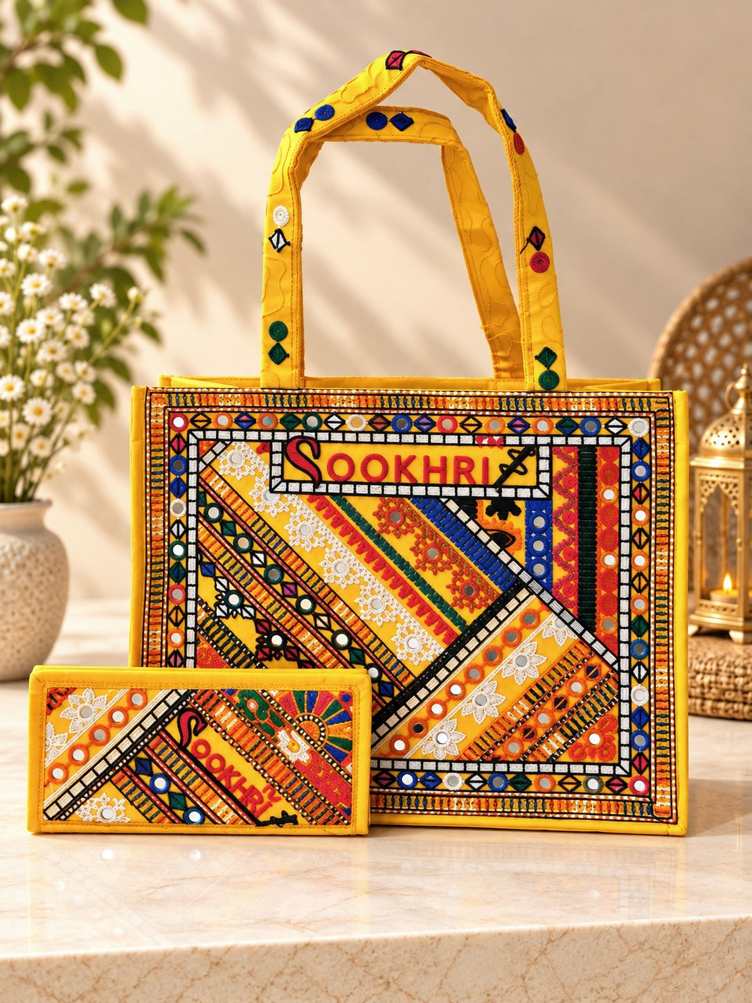Traditional Multi-Pattern Embroidered Handbag with Matching Clutch – Antique Design