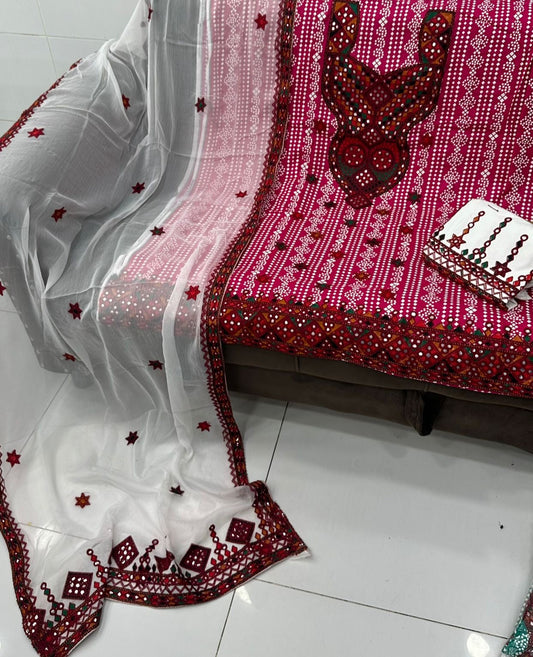 Balochi Ari Sitara Work Chunri Print Cotton 3pc Dress