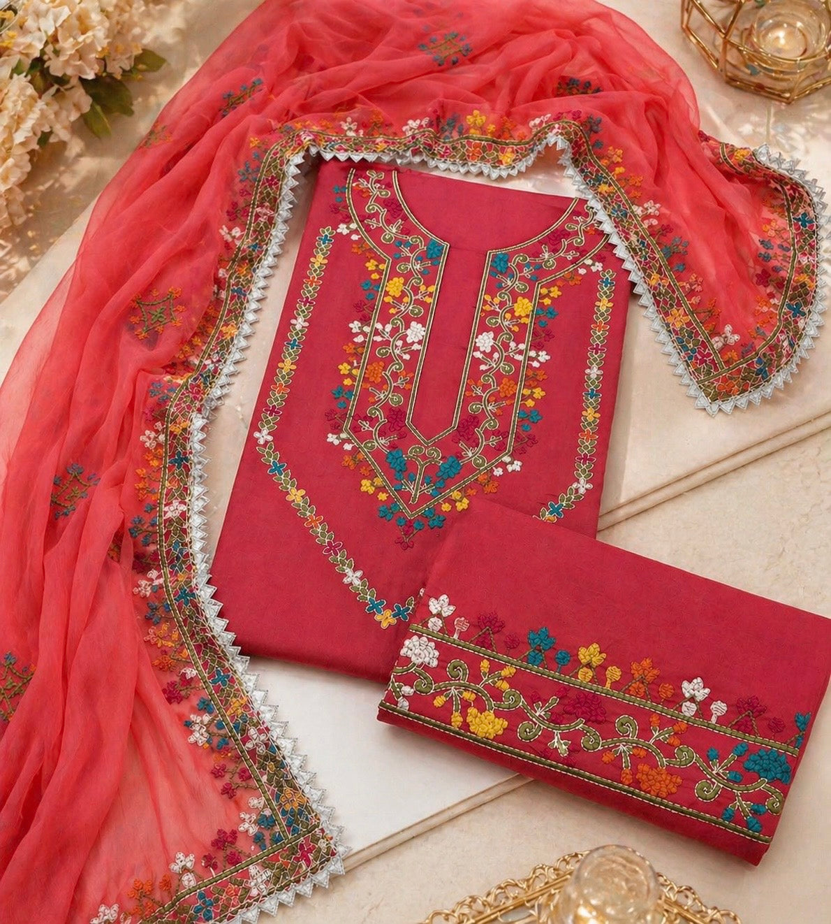 Elegant Multicolor Embroidered Lawn Cotton with Chiffon Dupatta Traditional Design - Unstitch 3PC Dress 👗