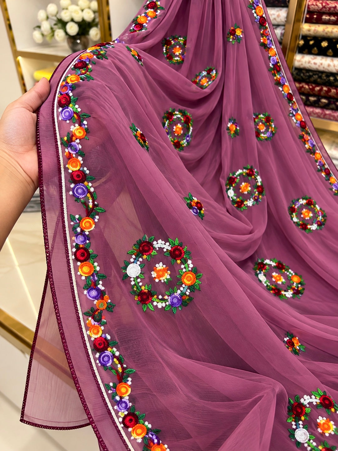 China Krinkle Chiffon Multi Flower Thick Thread Embroidered Ladies Chader