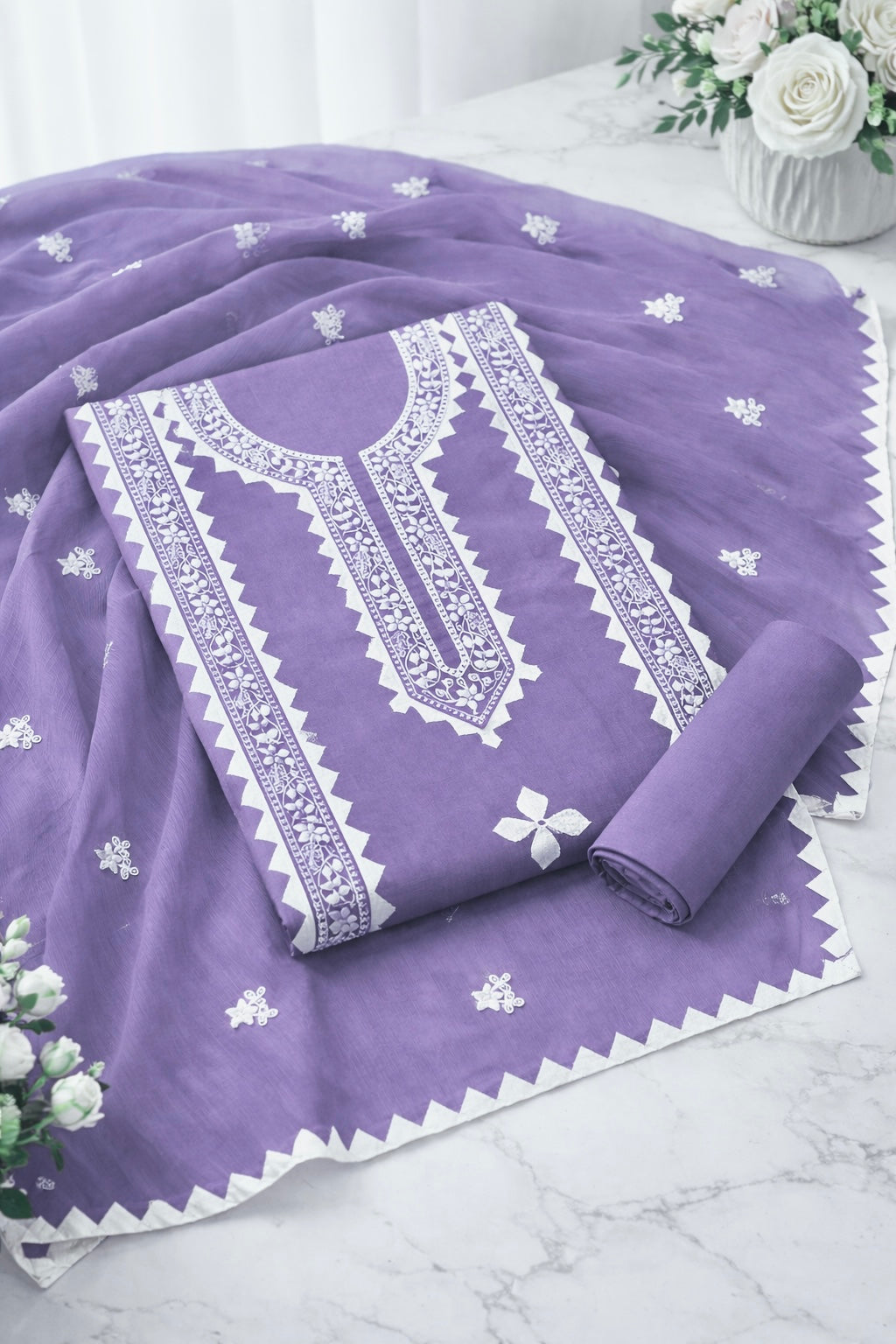 Applique Handmade Thick Thread 3mm Sequence Sitara Embroidery Lawn Cotton with Chiffon Dupatta - 3PC Unstitch Dress 👗