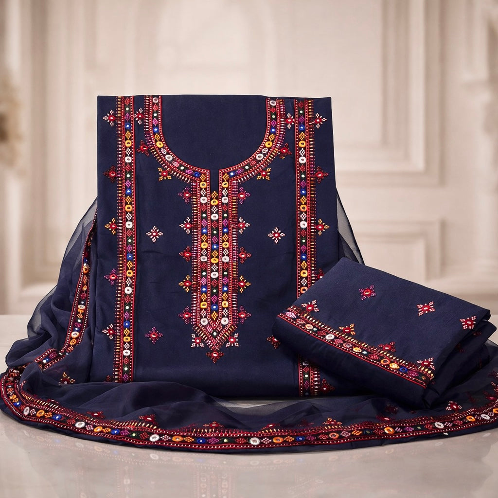 Balochi Gala Bail Daman 9MM Sitara Thick Thread Embroidered Lawn Cotton with Chiffon Dupatta - 3PC Unstitch Dress 👗