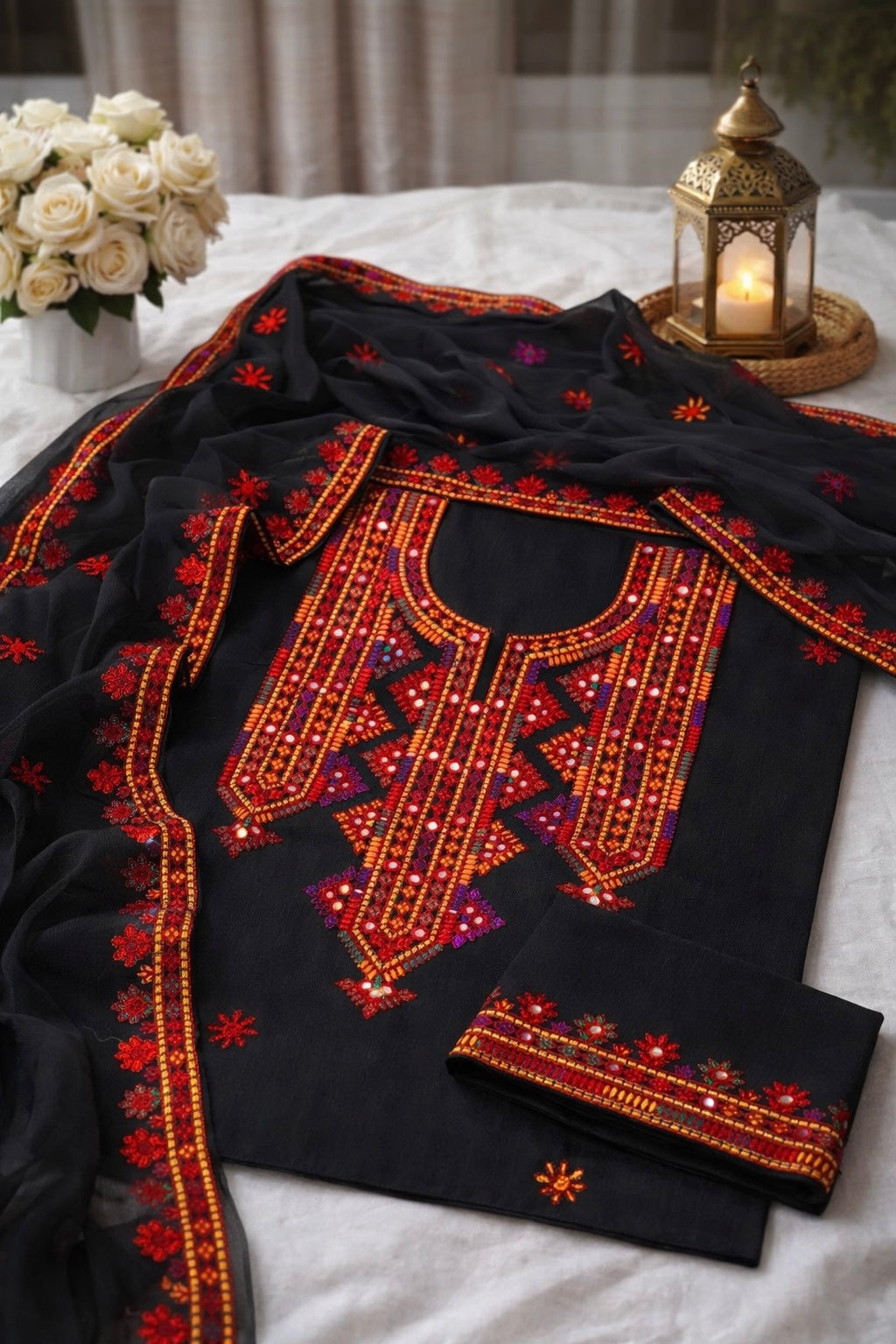 Balochi Aari Sitara Foil Work Embroidered Soft Cotton with Chiffon Dupatta - 3PC Unstitch Dress 👗