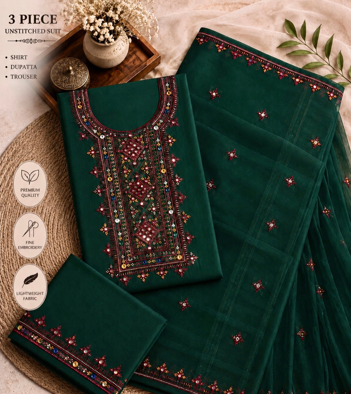 Balochi Thick Thread 9MM Sitara Embroidered Lawn Cotton with Chiffon Dupatta -3PC Unstitch Dress 👗