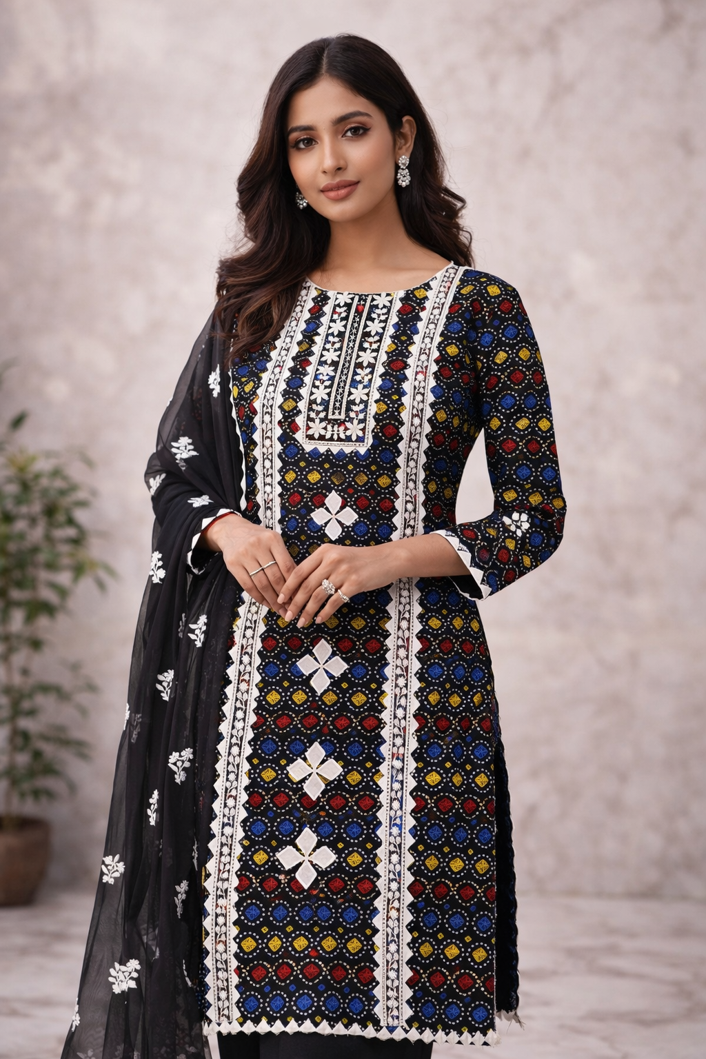 Chunri Print Applic With Embroidery Soft Cotton 3-Piece Suit