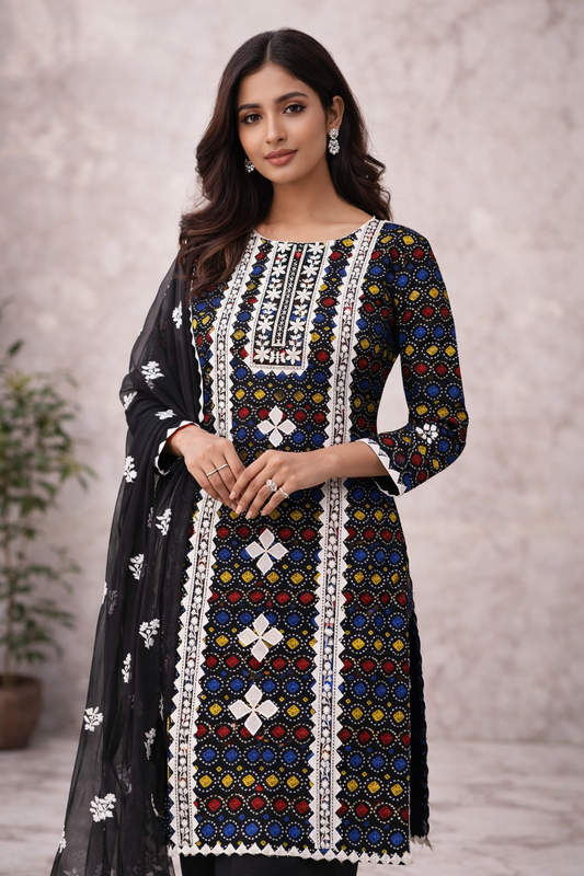 Chunri Print Applic With Embroidery Soft Cotton 3-Piece Suit