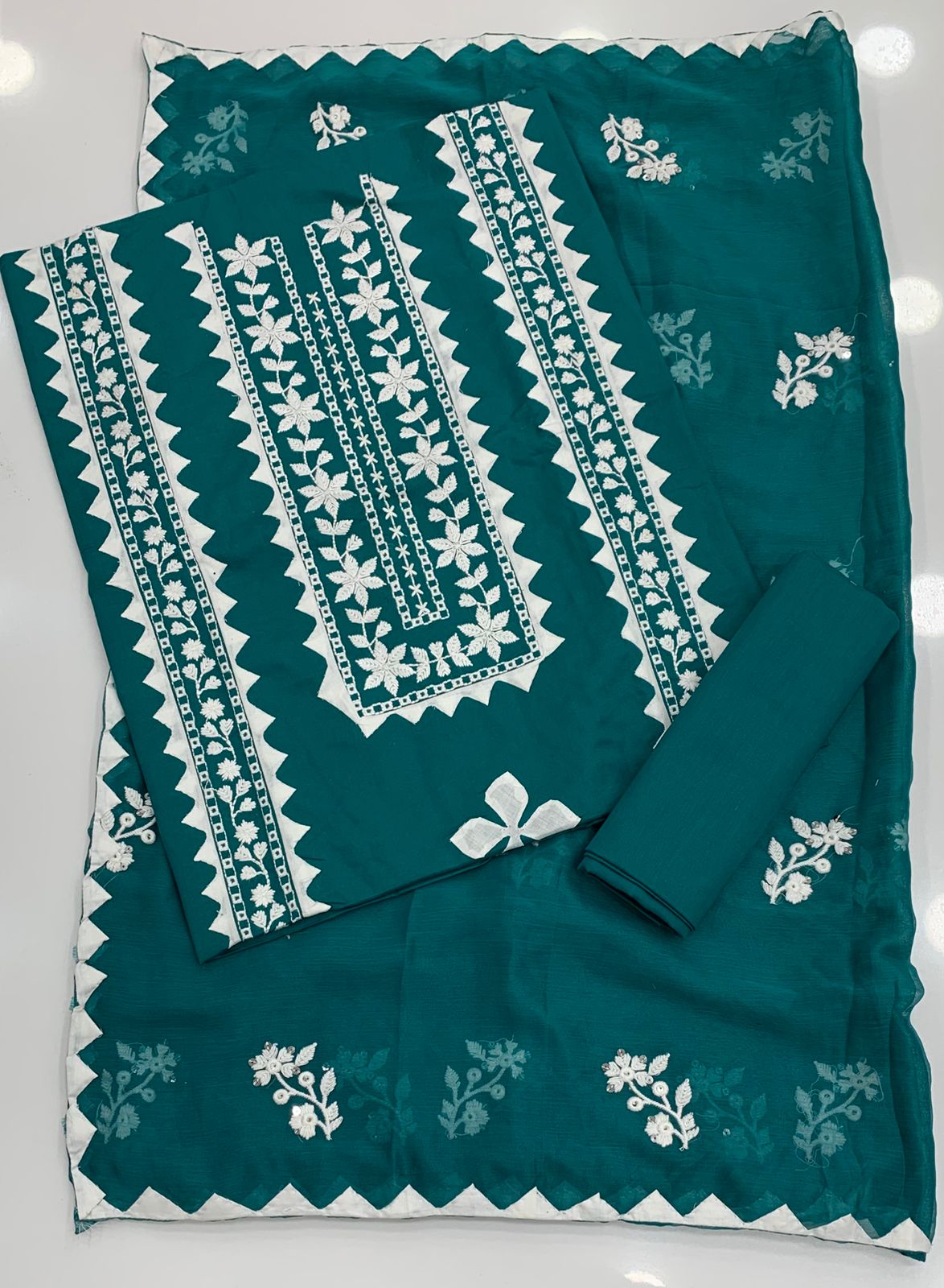 Elegant Applic+Thick Thread Work 3-Piece Cotton Suit