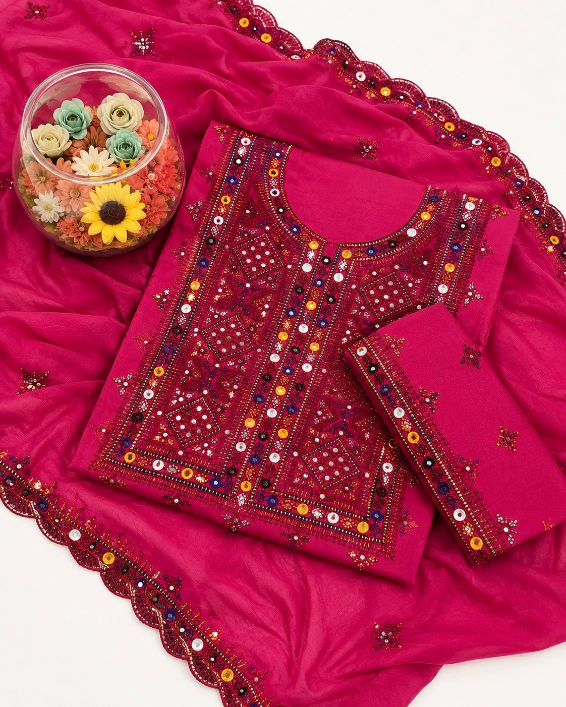 Balochi Thick Thread 9MM Sitara Work Machine Embroidered Soft Cotton with Two Side Cutwork Border Chiffon Dupatta - 3PC Unstitched Dress 👗