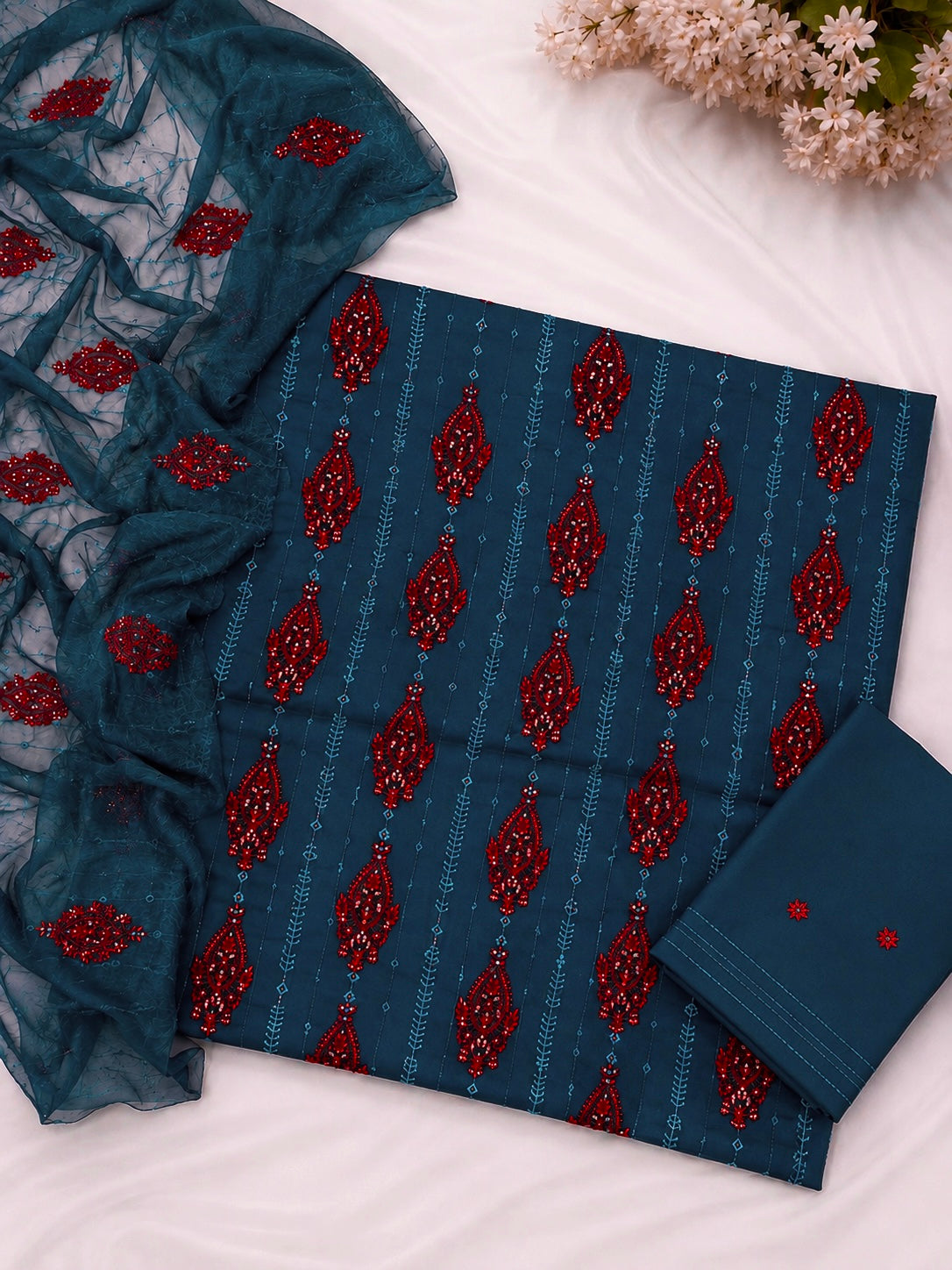 Bouring 3MM Sitara Sequence Work Embroidery Lawn Cotton with Chiffon Dupatta - 3PC Unstitch Dress 👗