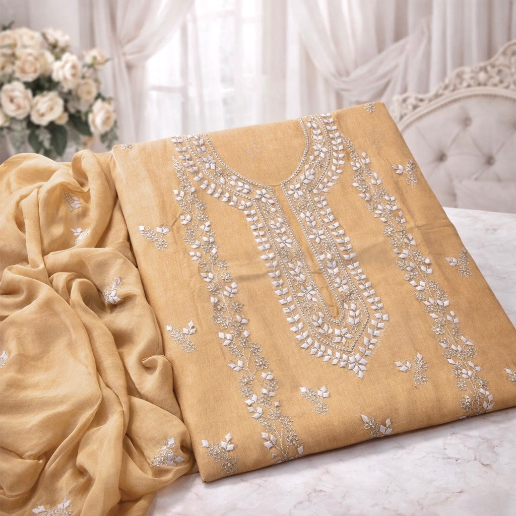Handmade Applique Leaf, Zari & Pearl Work Lawn Fabric With Chiffon Dupatta 3PC Dress