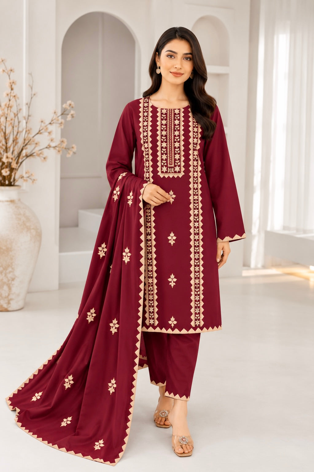 Applic Handwork & Machine Floral Embroidery Soft Cotton Shirt, Trouser with Embroidered Soft Cotton Dupatta | 3PC Unstitched Dress