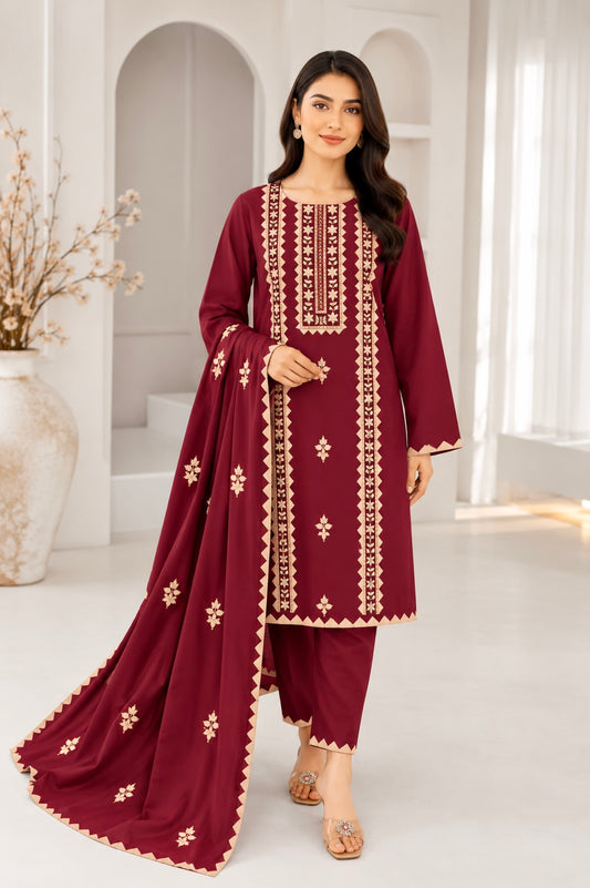Applic Handwork & Machine Floral Embroidery Soft Cotton Shirt, Trouser with Embroidered Soft Cotton Dupatta | 3PC Unstitched Dress
