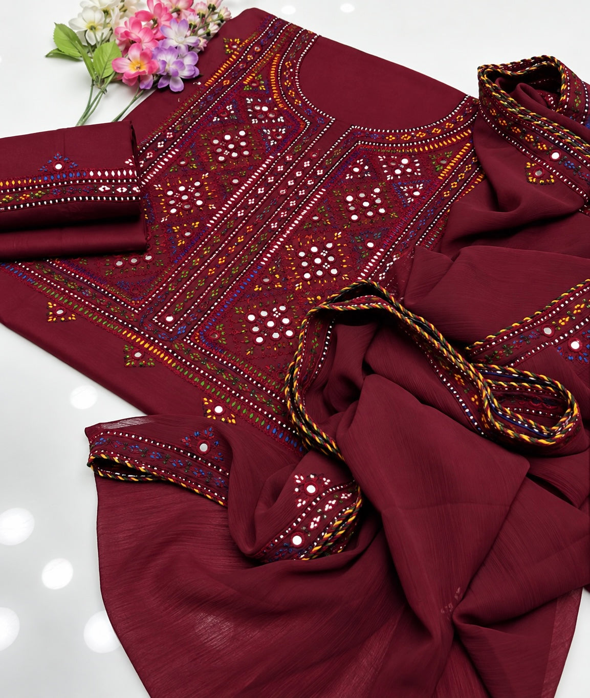 Balochi Handmade Mirror Work Soft Cotton Fabric Shirt & Trouser with Chiffon Dupatta | 3PC Unstitch Dress 👗