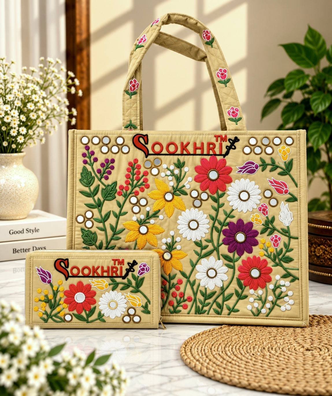 Traditional Multi-Pattern Antique Embroidered Handbag with Matching Clutch