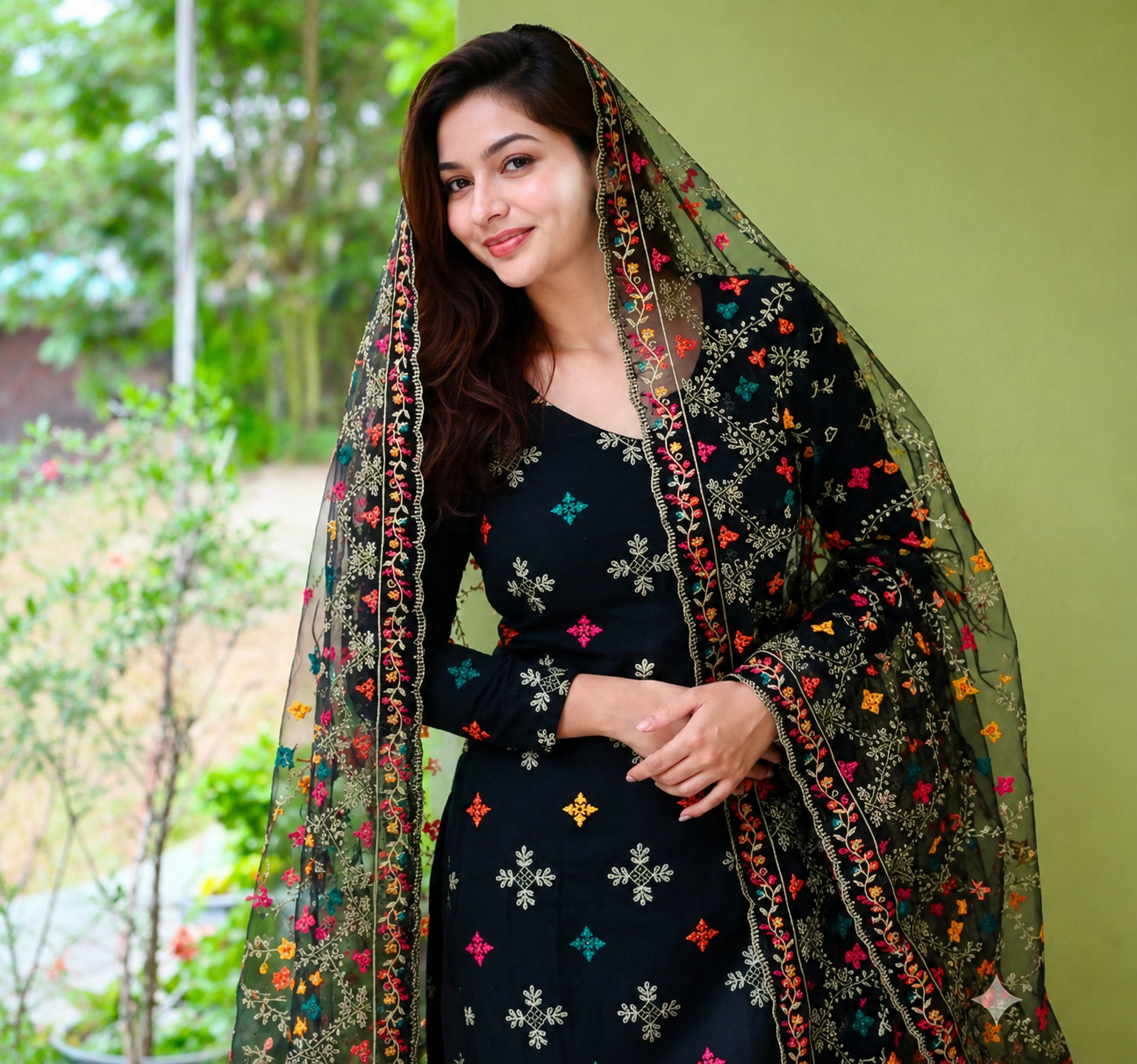 Black Multi Embroidered Lawn Cotton with Full Jaal Embroidery Chiffon Dupatta - 3PC Unstitch Dress