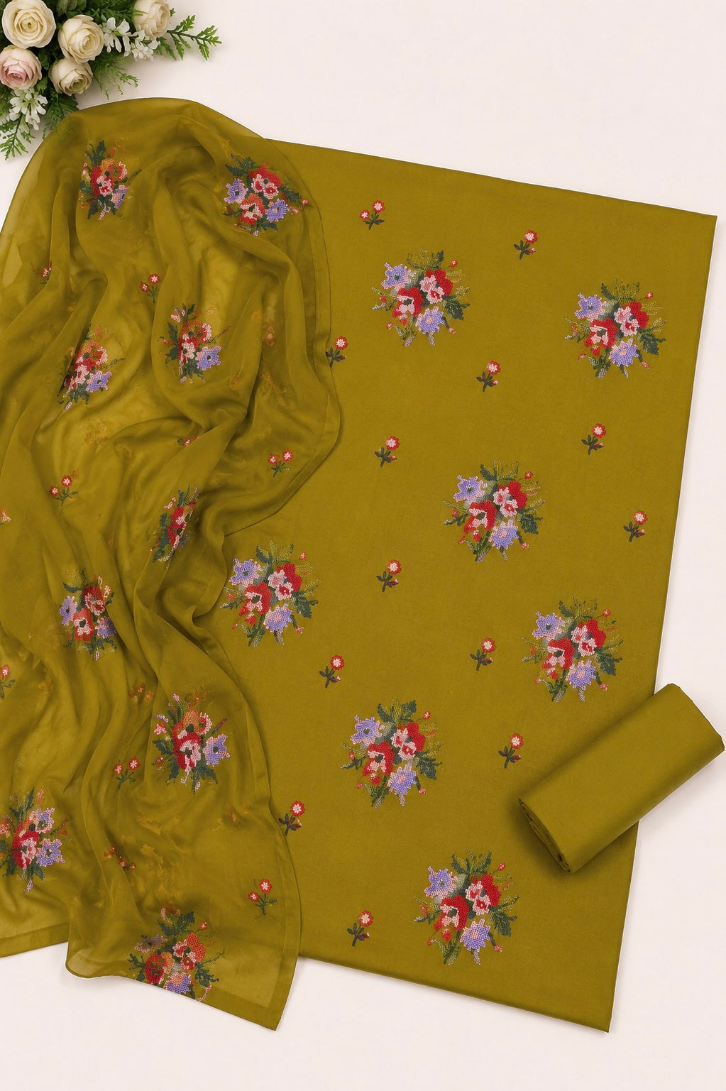 Cross Stitch Multi Floral Bunches Embroidered Lawn Cotton Shirt & Trouser with Chiffon Dupatta - 3PC Unstitched Dress