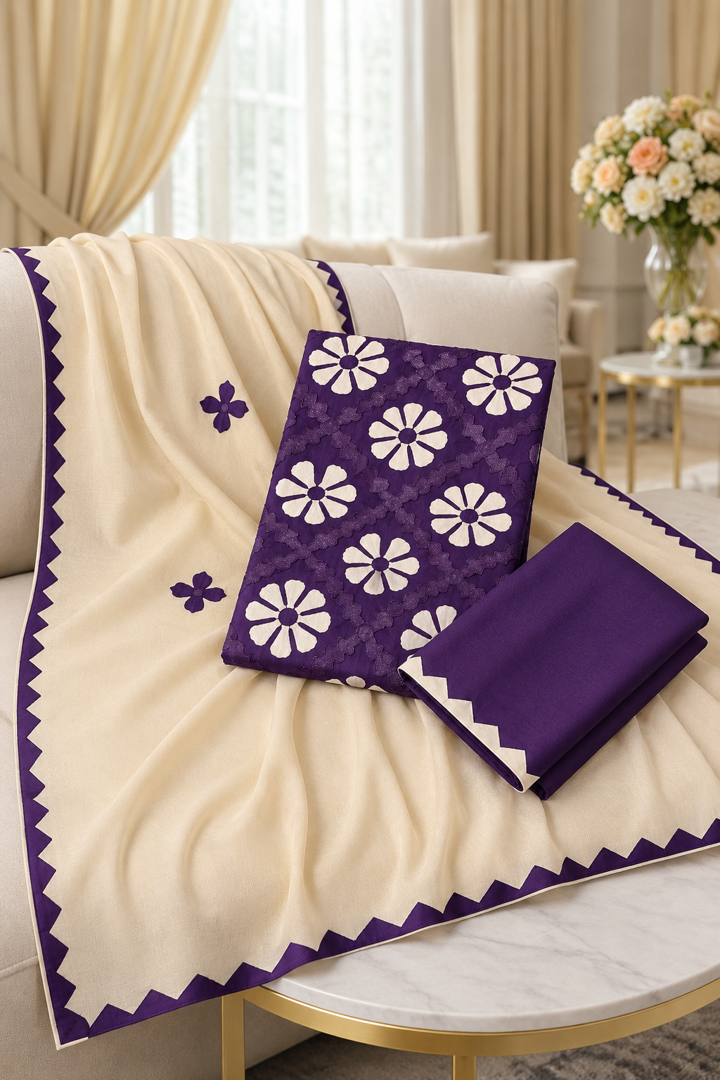 Handcrafted Soft Cotton Applique Work 3-Piece Unstitched Dress with Net Front Panel & Chiffon Dupatta