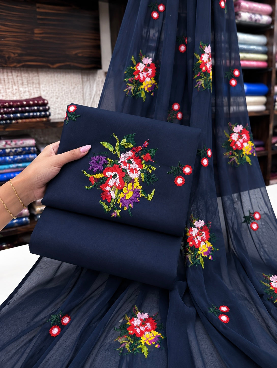 Cross Stitch Multi-Flower Embroidered Soft Cotton with Chiffon Dupatta - 3PC Unstitched Dress 👗