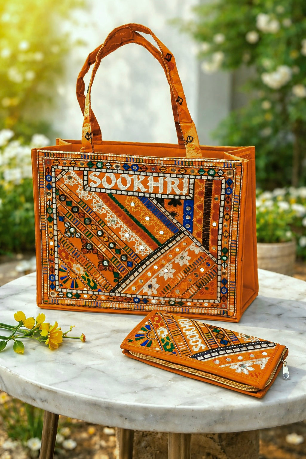 Traditional Multi-Pattern Antique Embroidered Handbag with Matching Clutch