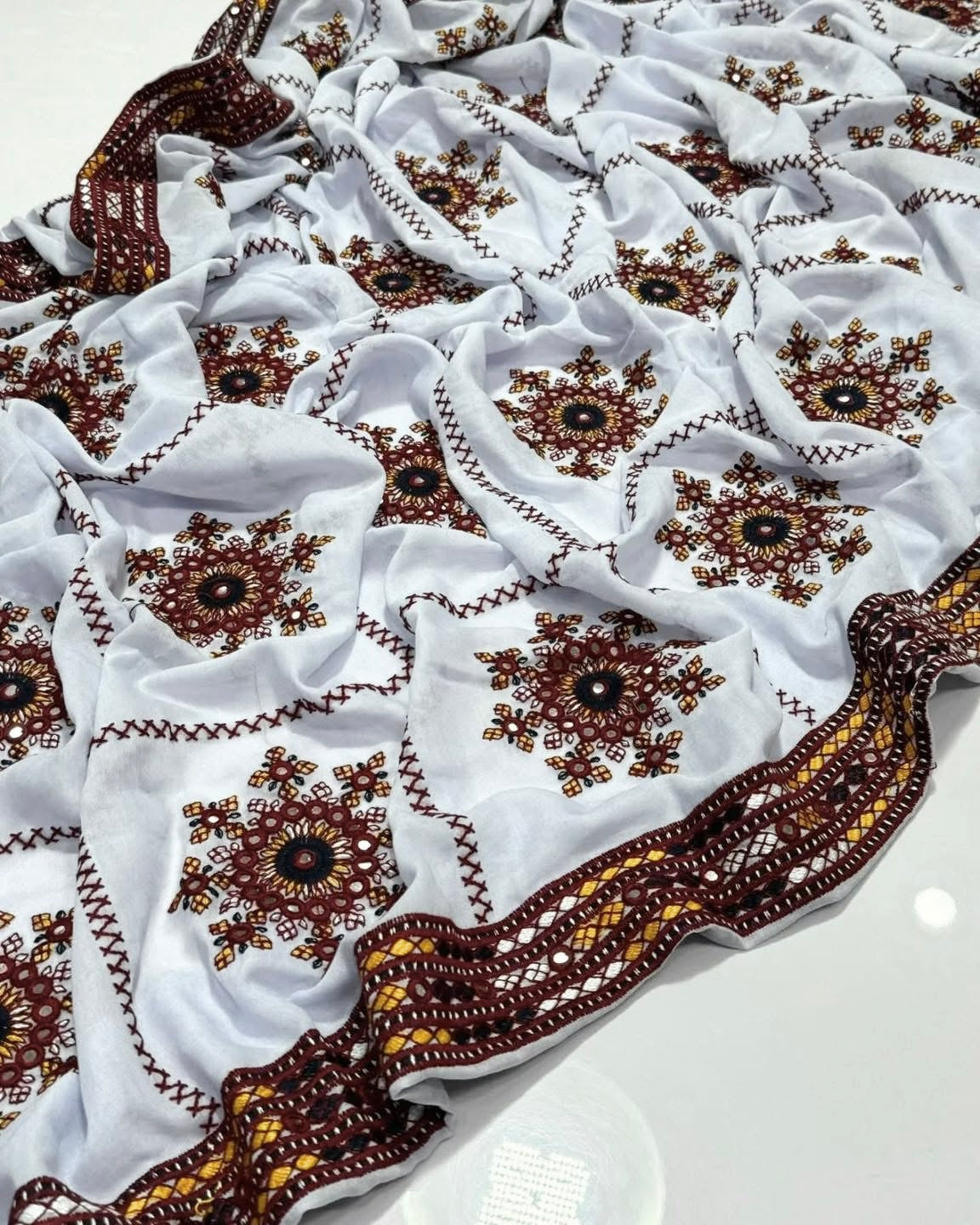 9MM Sitara Thick Thread Heavy Bunches Embroidery with Two Side Border - Swiss Lawn Chadar