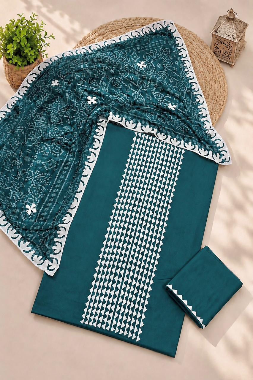 Applic Handwork Lawn Cotton Shirt & Trouser with Four Side Applic Border Chiffon Chunri Printed Dupatta – 3PC Unstitched Dress 👗