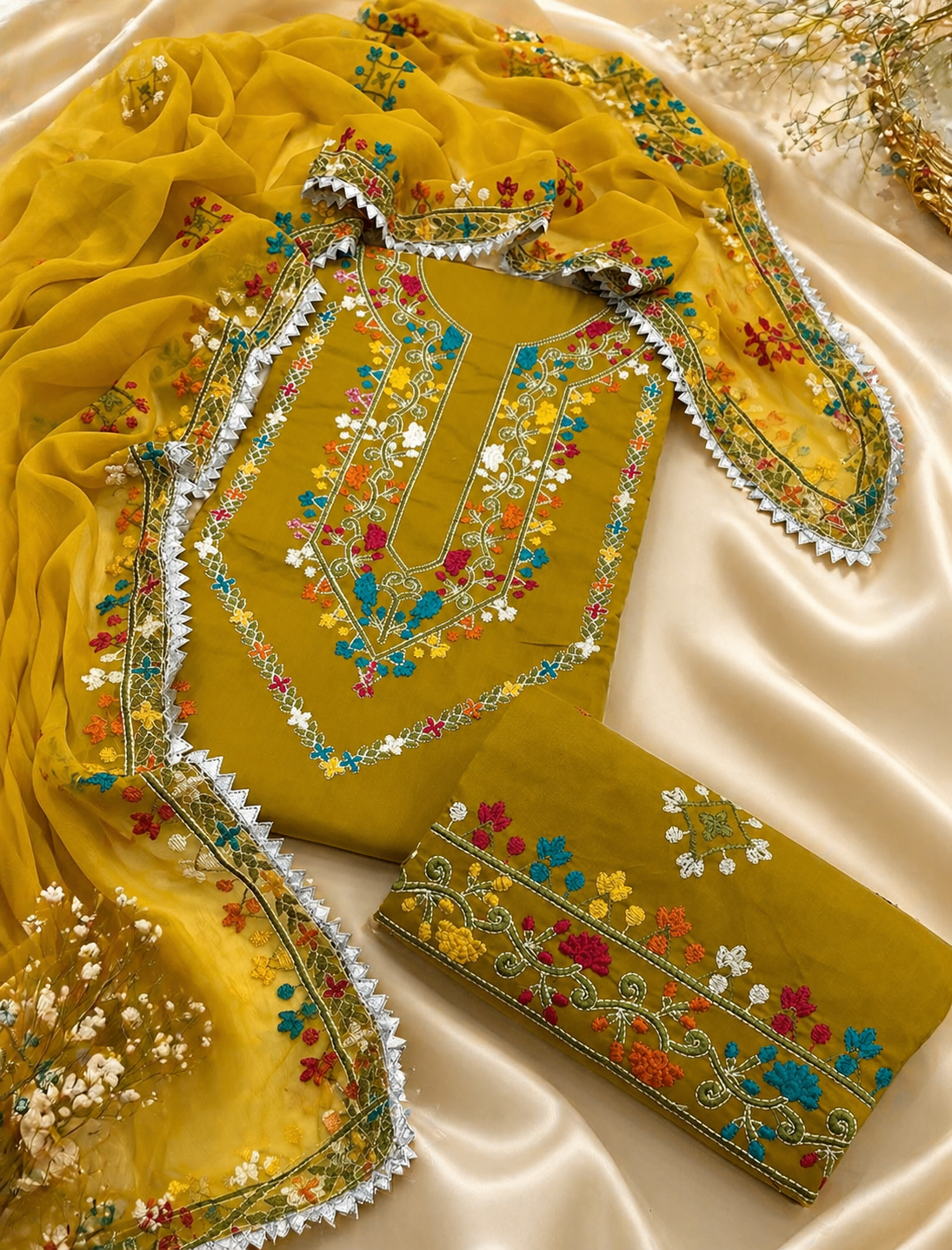 Elegant Multicolor Embroidered Lawn Cotton with Chiffon Dupatta Traditional Design - Unstitch 3PC Dress 👗