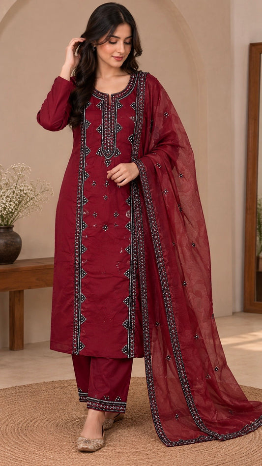 Balochi Handmade Gala Panel Original Mirror Work Soft Cotton  with Chiffon Dupatta - 3PC Unstitched Dress 👗