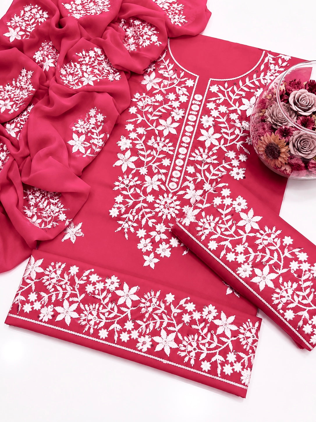White Thick Thread Sequence Sitara Embroiderd Lawn Cotton With Chiffon Dupatta - 3PC Unstitch Dress 👗