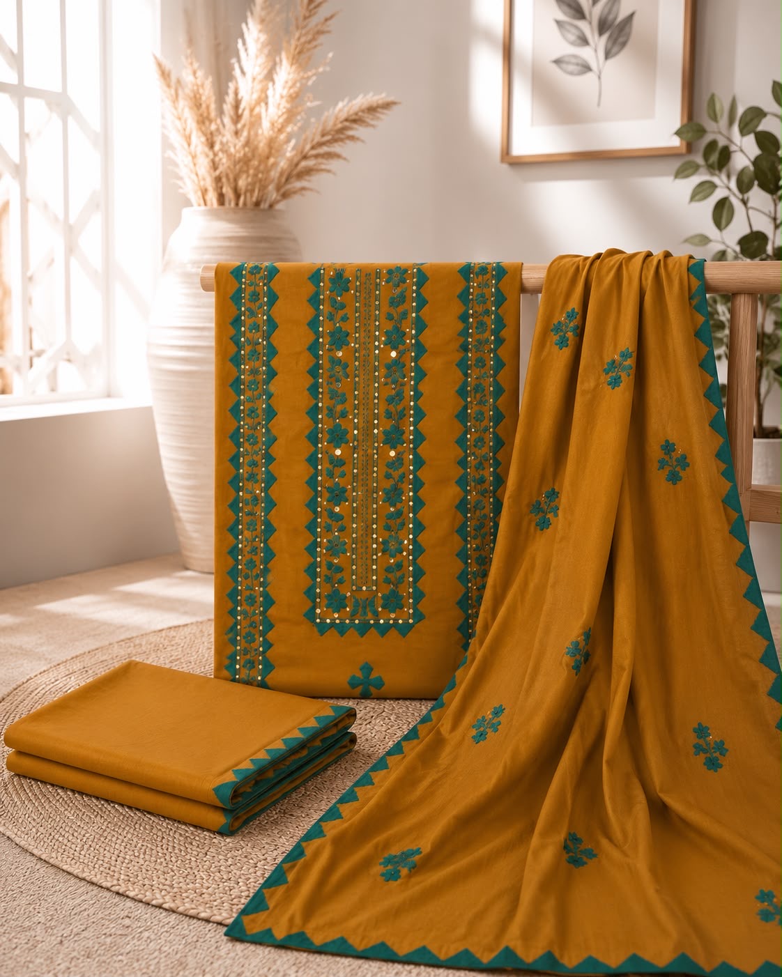 Applic Handwork & Machine Floral Embroidery Lawn Cotton Shirt, Trouser with Embroidered Lawn Cotton Dupatta | 3PC Unstitched Dress