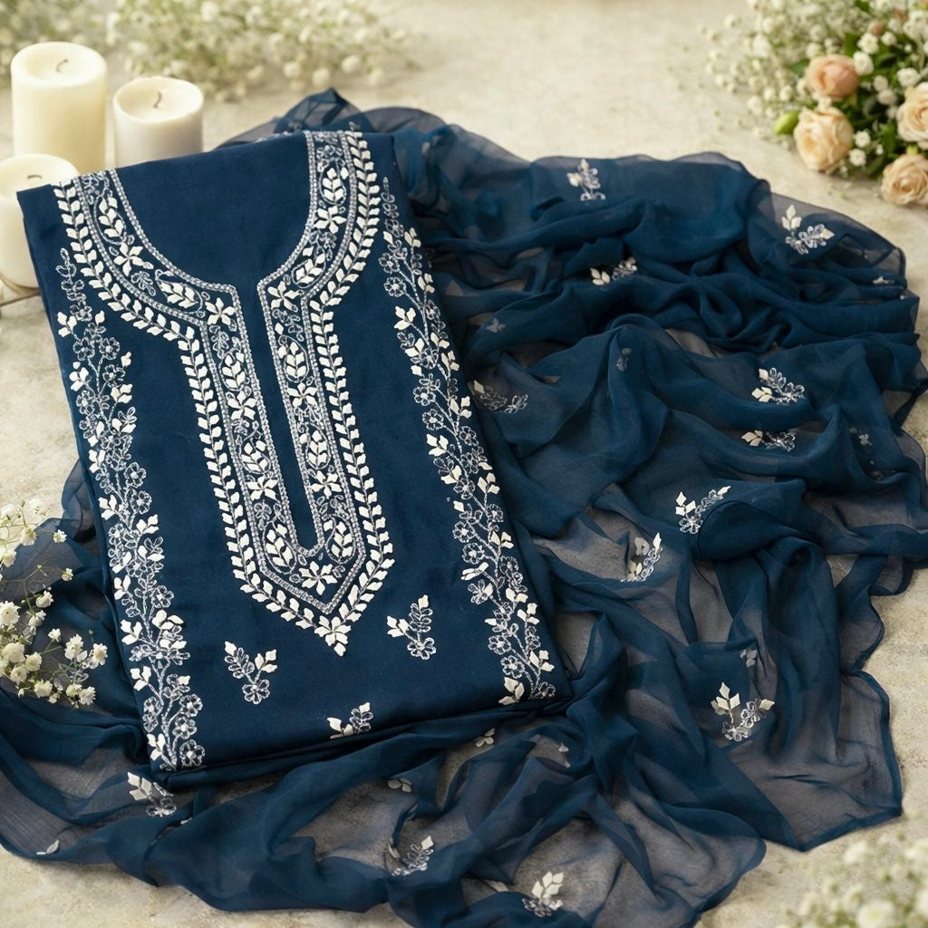 Handmade Applique Leaf, Zari & Pearl Work Lawn Fabric With Chiffon Dupatta 3PC Dress