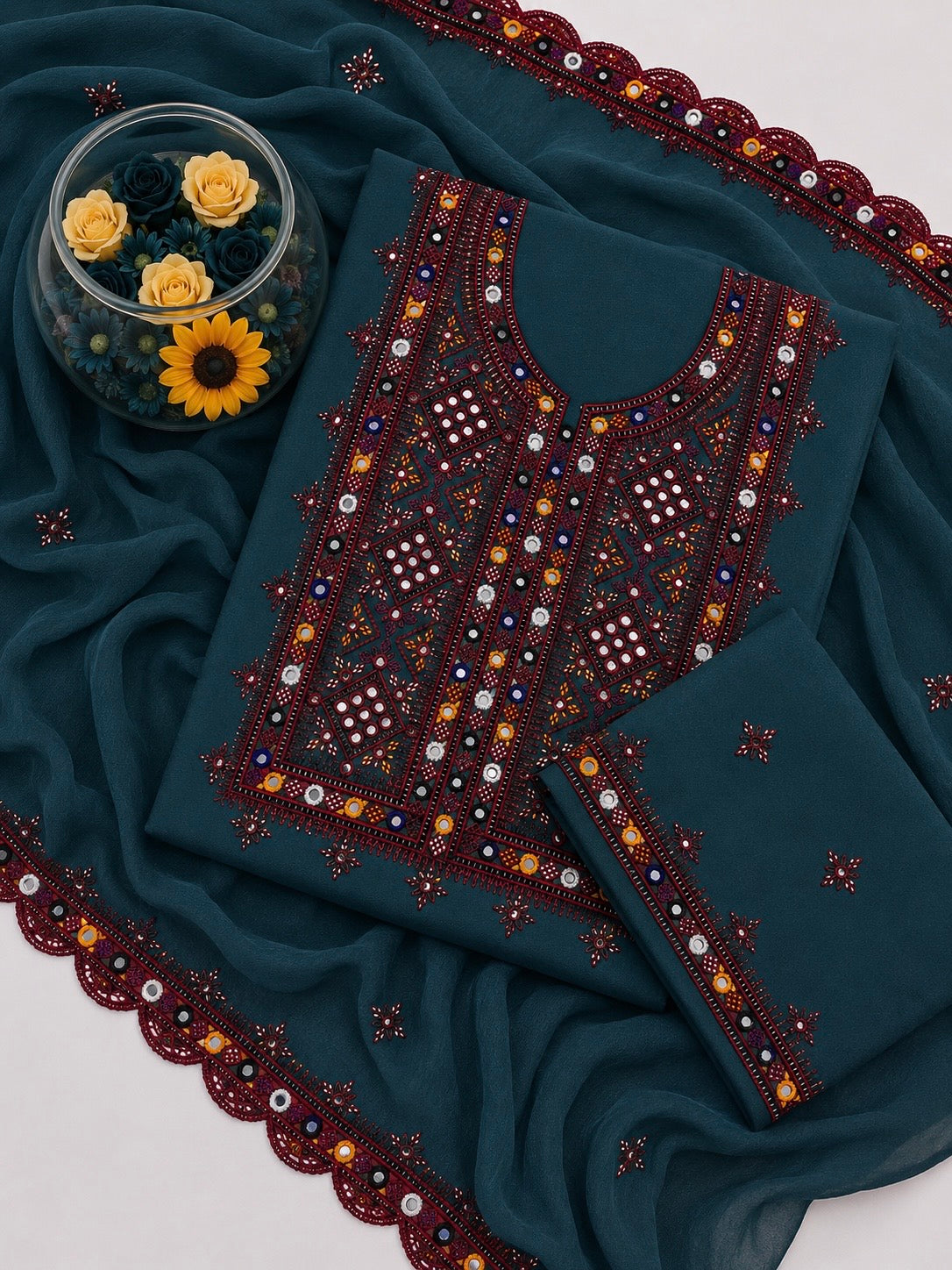 Balochi Thick Thread 9MM Sitara Work Machine Embroidered Soft Cotton with Two Side Cutwork Border Chiffon Dupatta - 3PC Unstitched Dress 👗