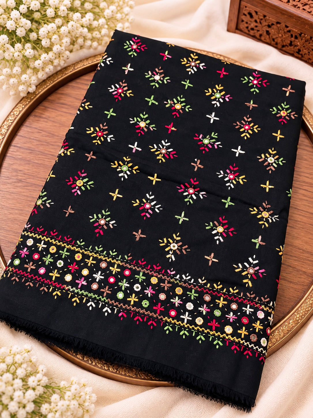 Swiss Lawn Fabric Handmade Original Mirror Work Full Jaal 4 Side Border Shawl for Women