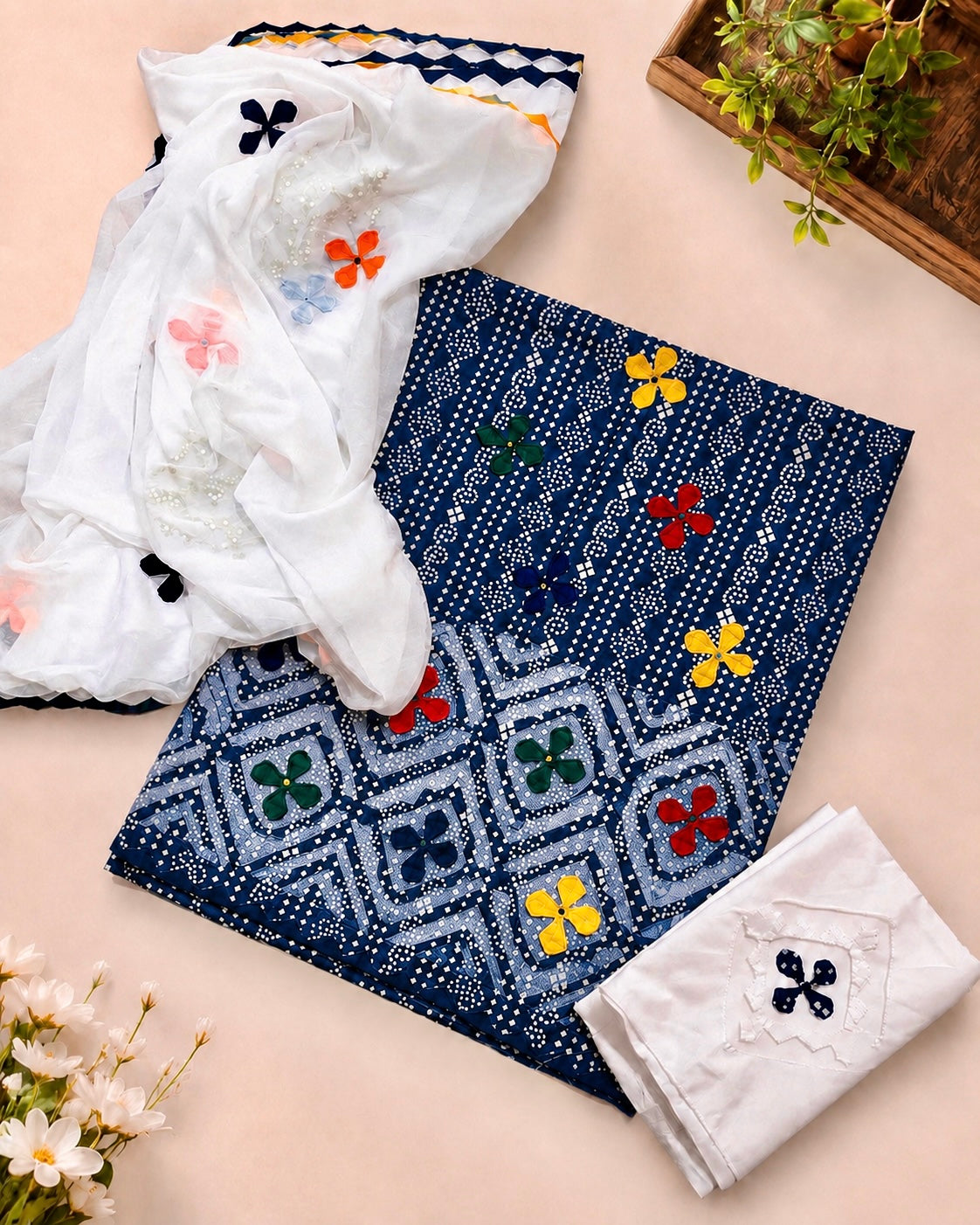 Lawn Cotton Chunri Print Multi Applic Work Handmade with Chiffon Applic Work Dupatta - 3PC Unstitch Dress 👗