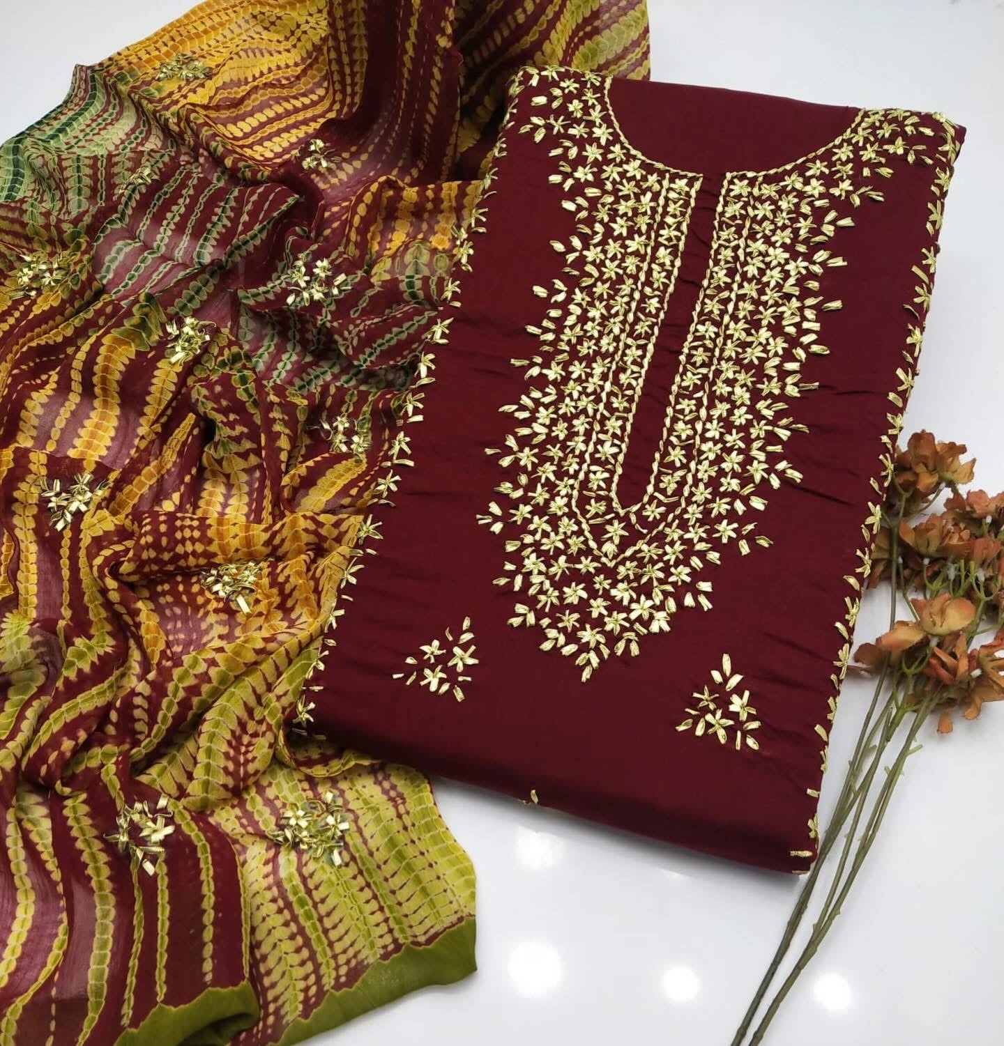 Gotta Work Handmade Lawn Stuff with Chiffon Tie-Dye Dupatta 3PC Unsticthed Dress