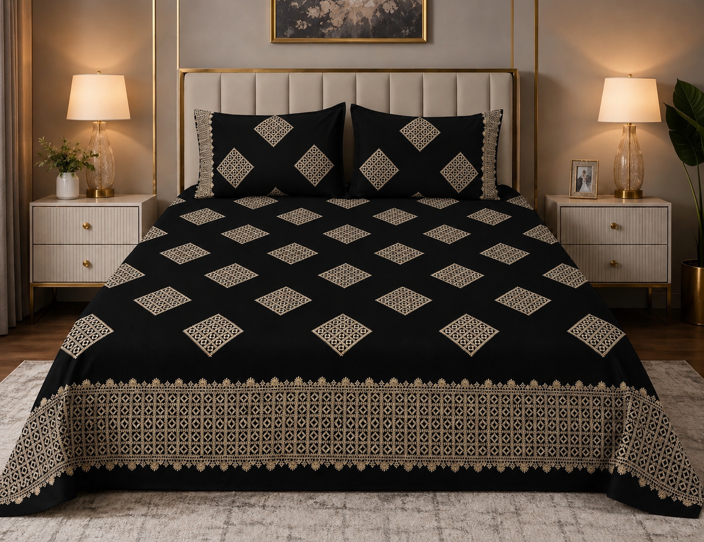 King Size Sindhi Hurmuch Heavy Embroidery Cotton Fabric Double Bed Bedsheet With Two Stitched Pillow Covers