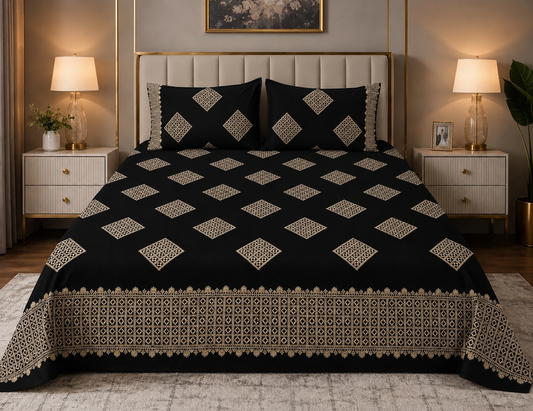 King Size Sindhi Hurmuch Heavy Embroidery Cotton Fabric Double Bed Bedsheet With Two Stitched Pillow Covers