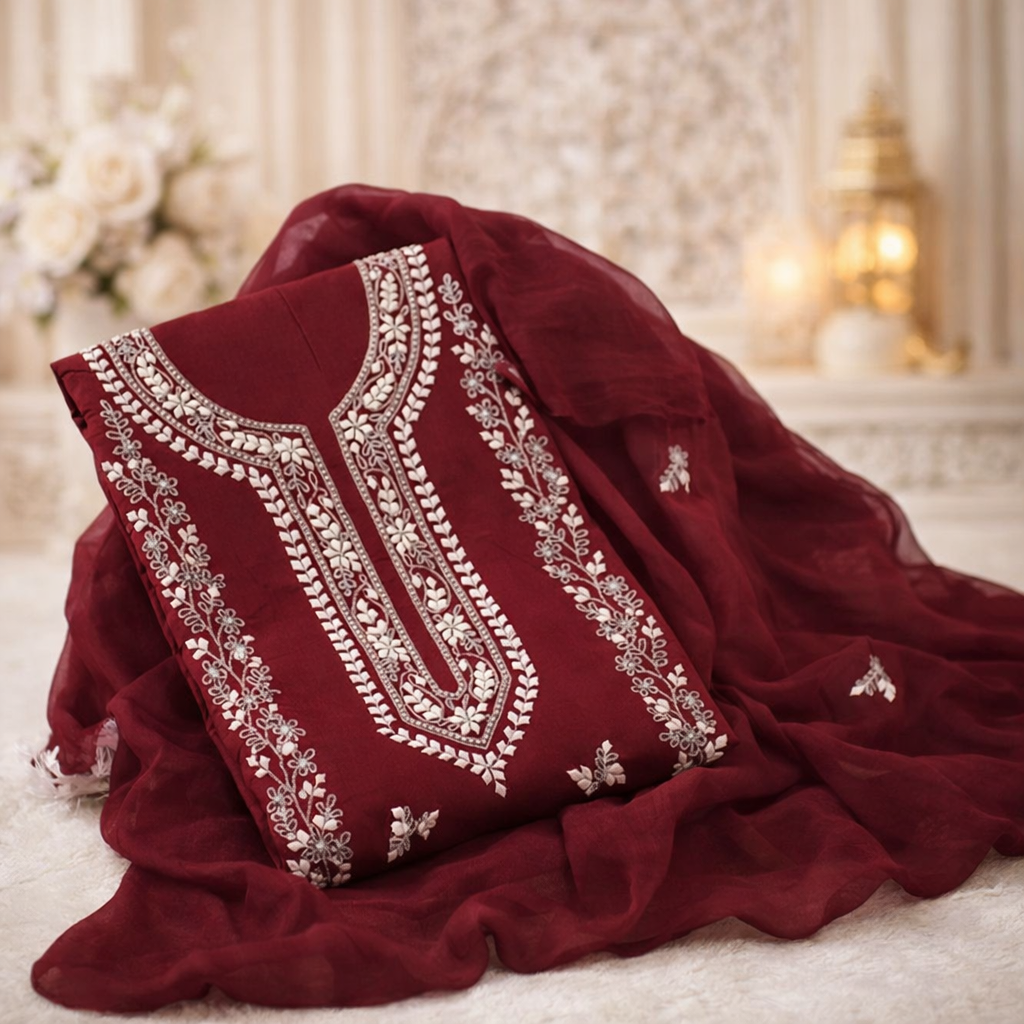 Handmade Applique Leaf, Zari & Pearl Work Lawn Fabric With Chiffon Dupatta 3PC Dress