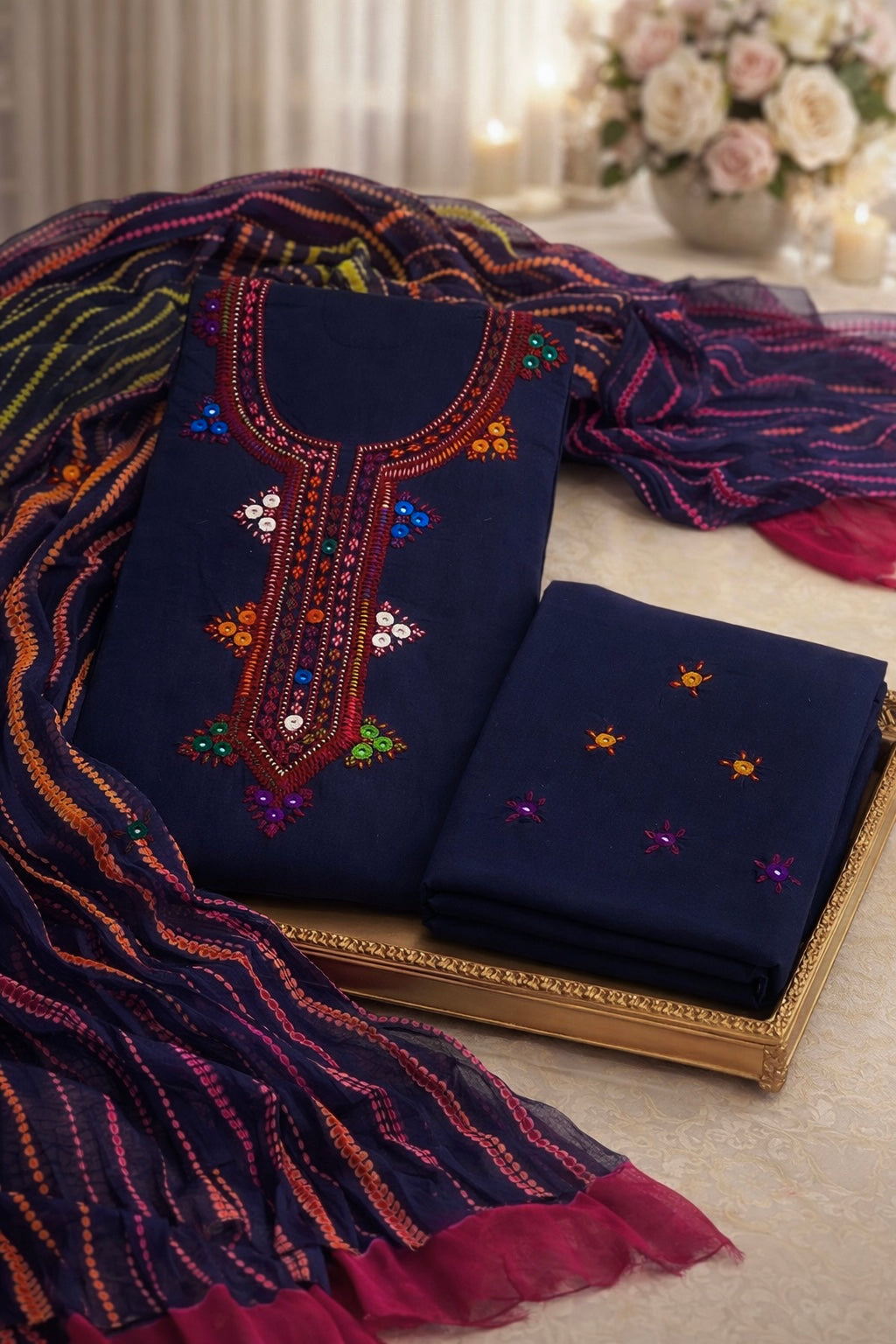 Handmade Balochi Gala Soft Cotton with Mirror Work Tie & Dye Chiffon Dupatta – 3PC Unstitch Dress 👗