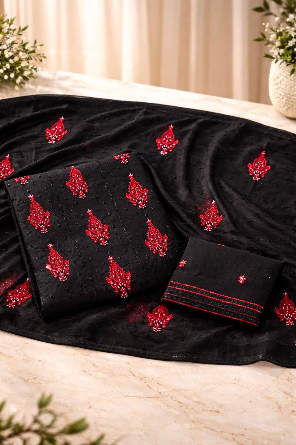 Boring 3MM Sitara Sequence Work Embroidery Soft Cotton with Chiffon Dupatta - 3PC Unstitch Dress 👗