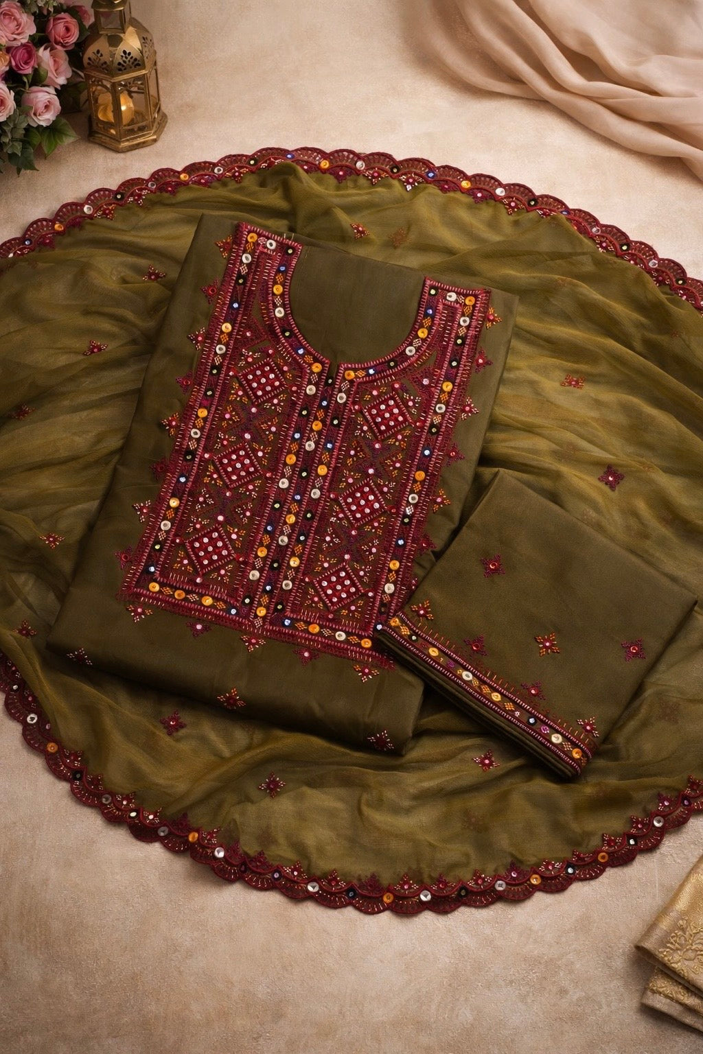 Balochi Thick Thread Sitara Embroidery Lawn Cotton With Chiffon Dupatta - 3PC Unstitch Dress 👗