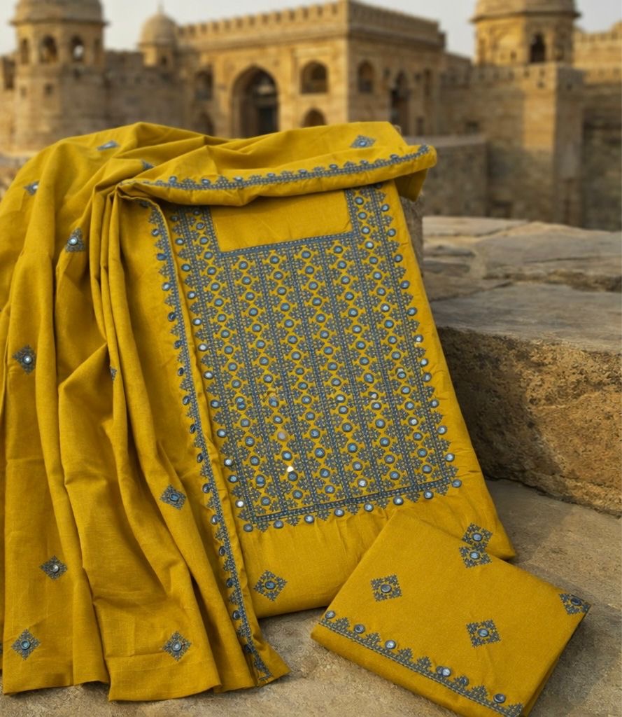 Sindhi Hurmucha Style Soft Cotton 3-Piece Suit with 9MM Sitara Computer Embroidery