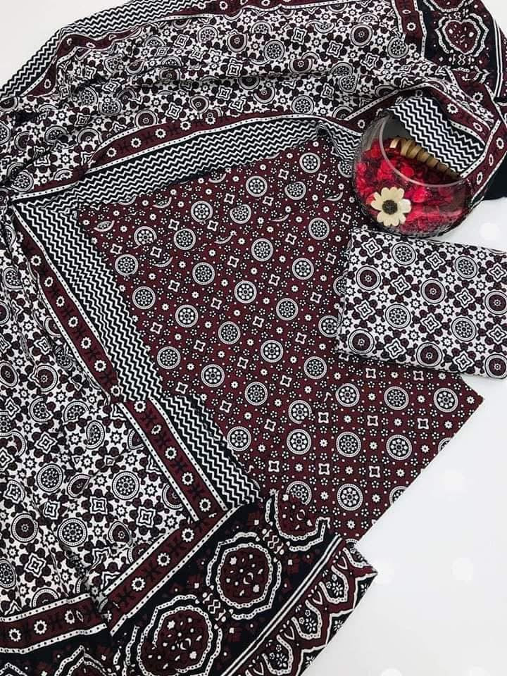 Ajrak Block Print 3 Piece Dress – Soft Winter Cotton Fabric