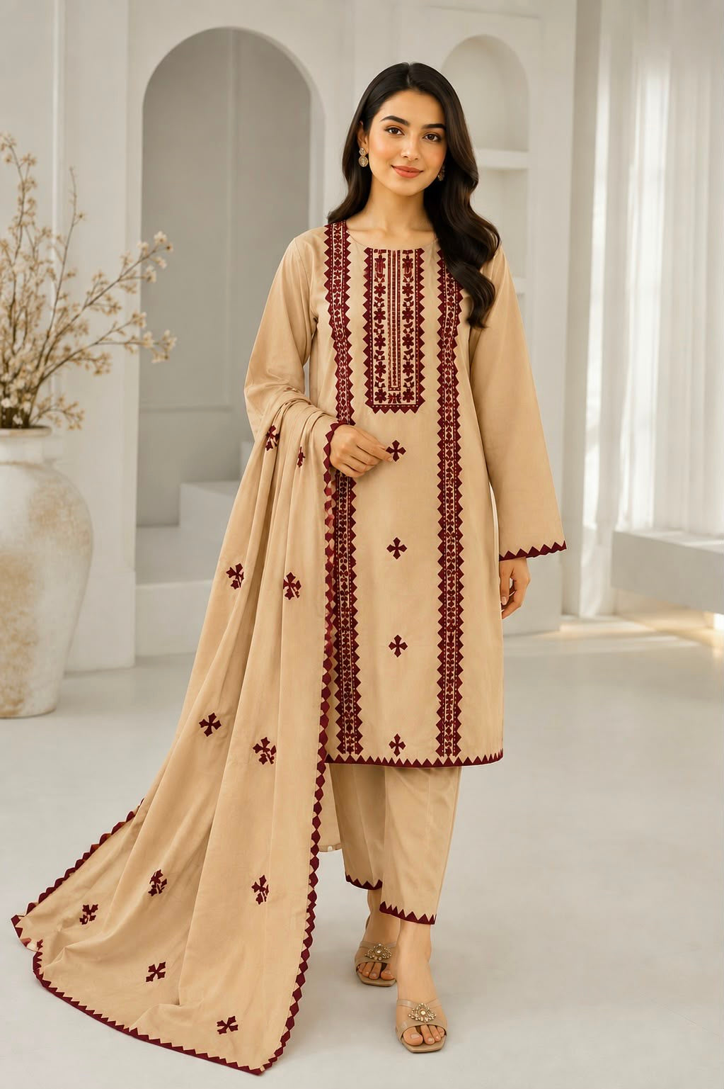 Applic Handwork & Machine Floral Embroidery Lawn Cotton Shirt, Trouser with Embroidered Lawn Cotton Dupatta | 3PC Unstitched Dress